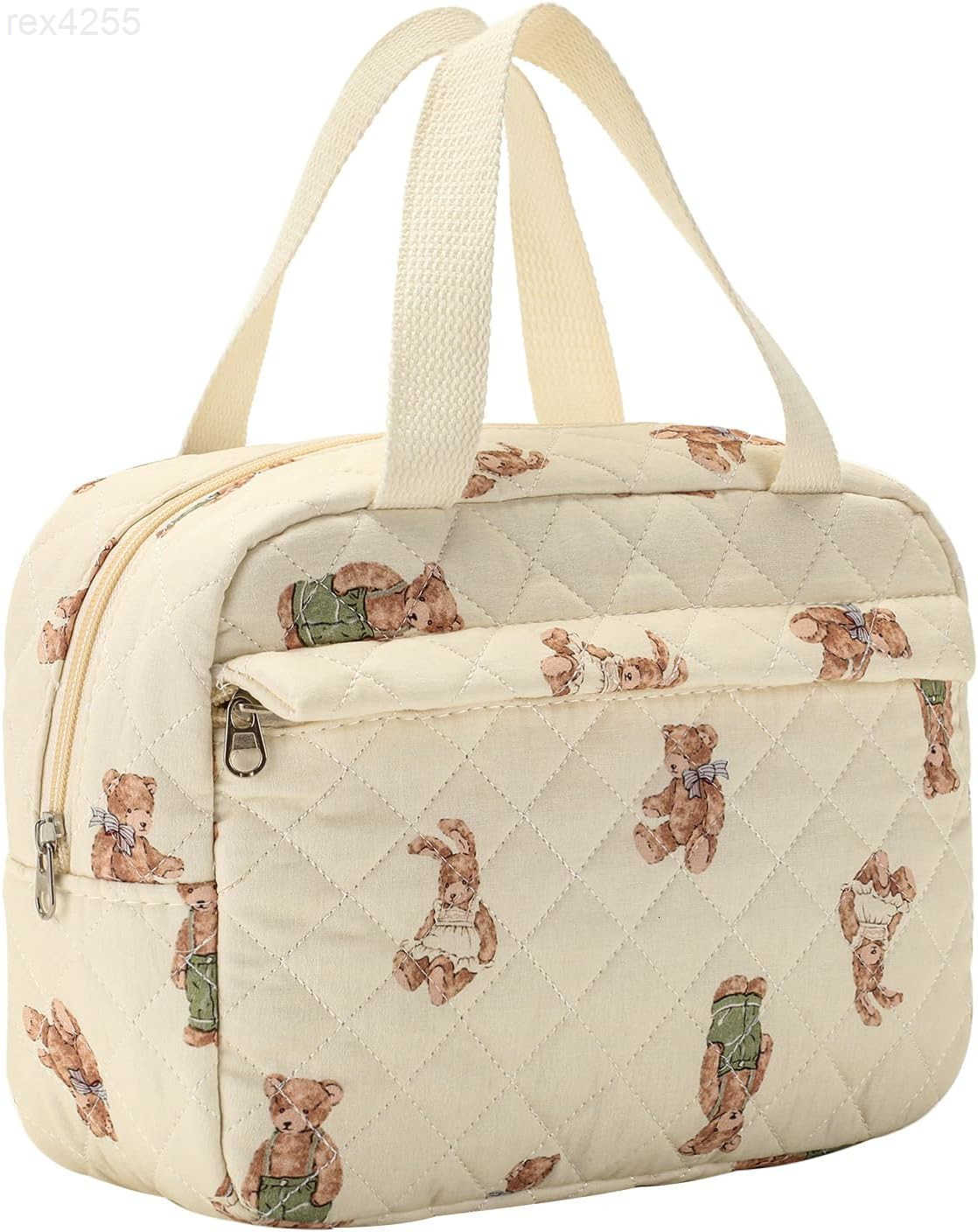 Large Size Quilted Coquette Makeup Bag Cute Preppy Floral Cotton Travel Cosmetic Organizer Bag with Top Handle MultiLayer Travel Toiletry Pouch for Gi