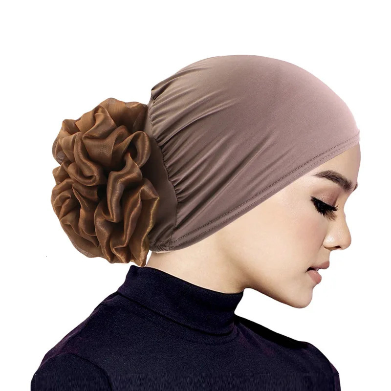 Womens Hijabs Turban Big Flower Elastic Cloth Hair Bands Hat Beanie Ladies Muslim Solid Loss Scarf Cap Accessories 250903