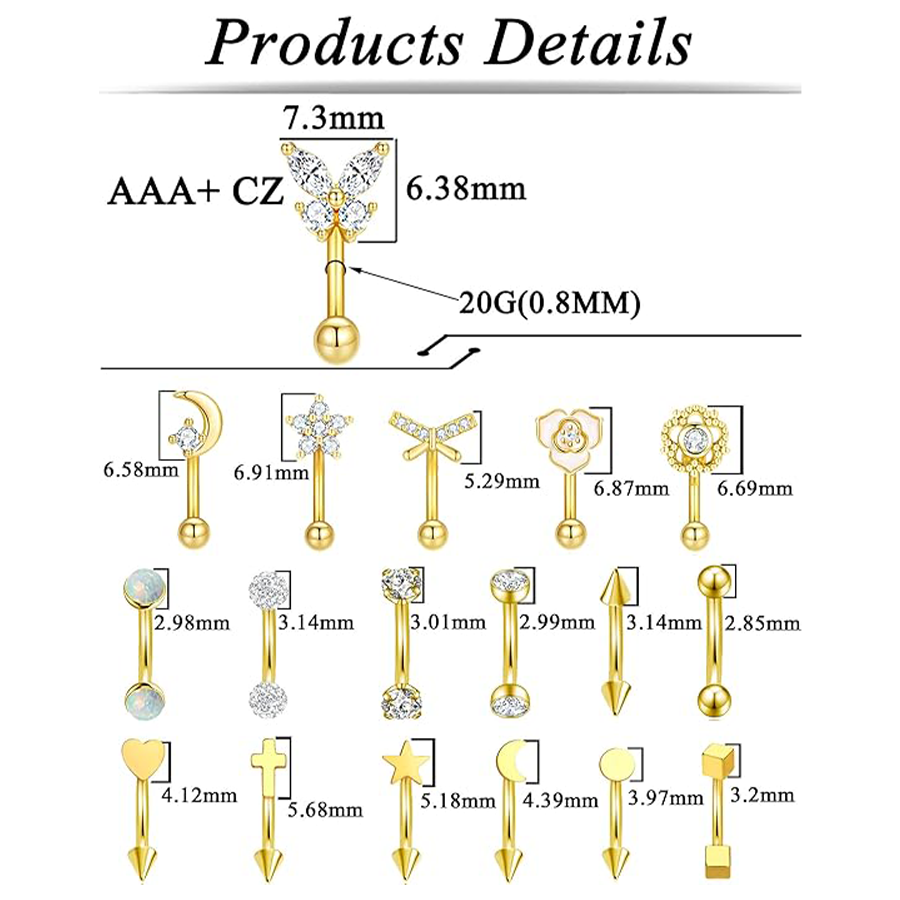 18Pcs Eyebrow Piercing Jewelry 16G Surgical Steel Curved Barbell Eyebrow Rings Butterfly Moon Lip Belly Button Rook Daith Tragus Earrings for Women Me