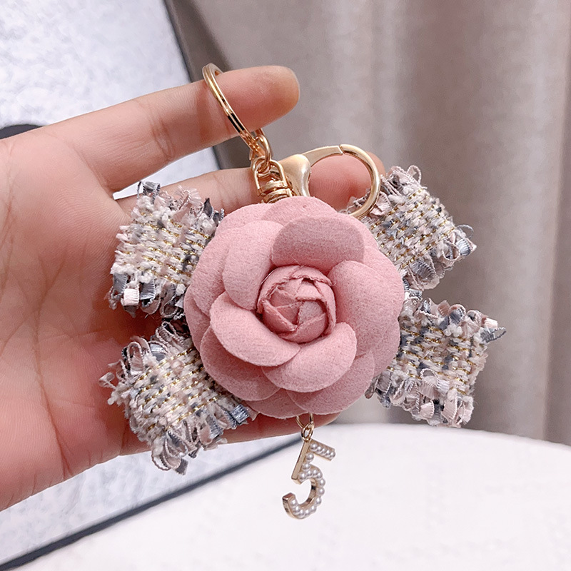 French Classic Black White Bag Charm Camellia Fabric Car Gift Ornament Bow Pearl Chain Keychain