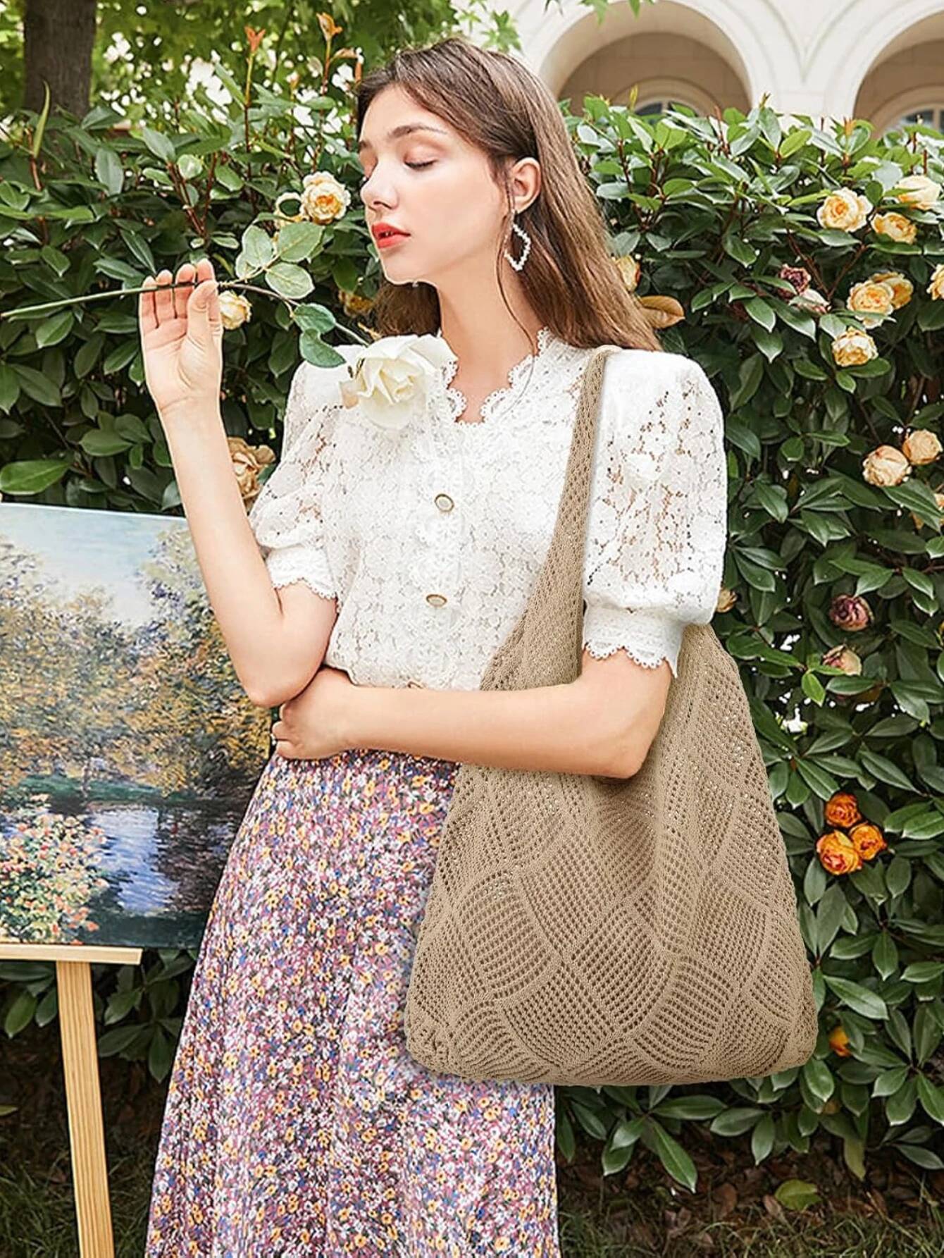 Luxury Handbag Women's Crochet Foldable Woven Summer Beach Handbag, Beautiful Hippie Knitted Hollowed Out Retro Shoulder Bag Handbag