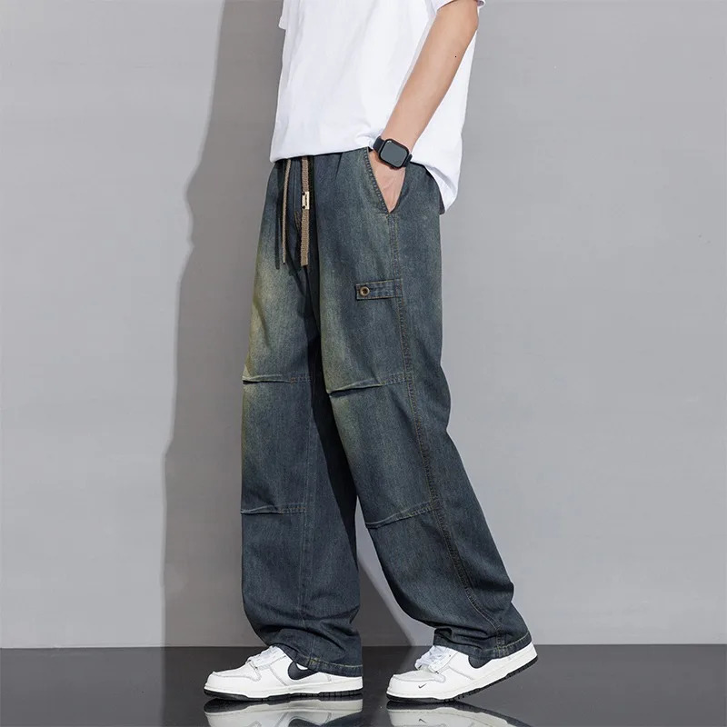 2025 Spring Summer Vintage Washed Cotton Jeans for Men Clothing Drawstring Straight Pants 250823Z