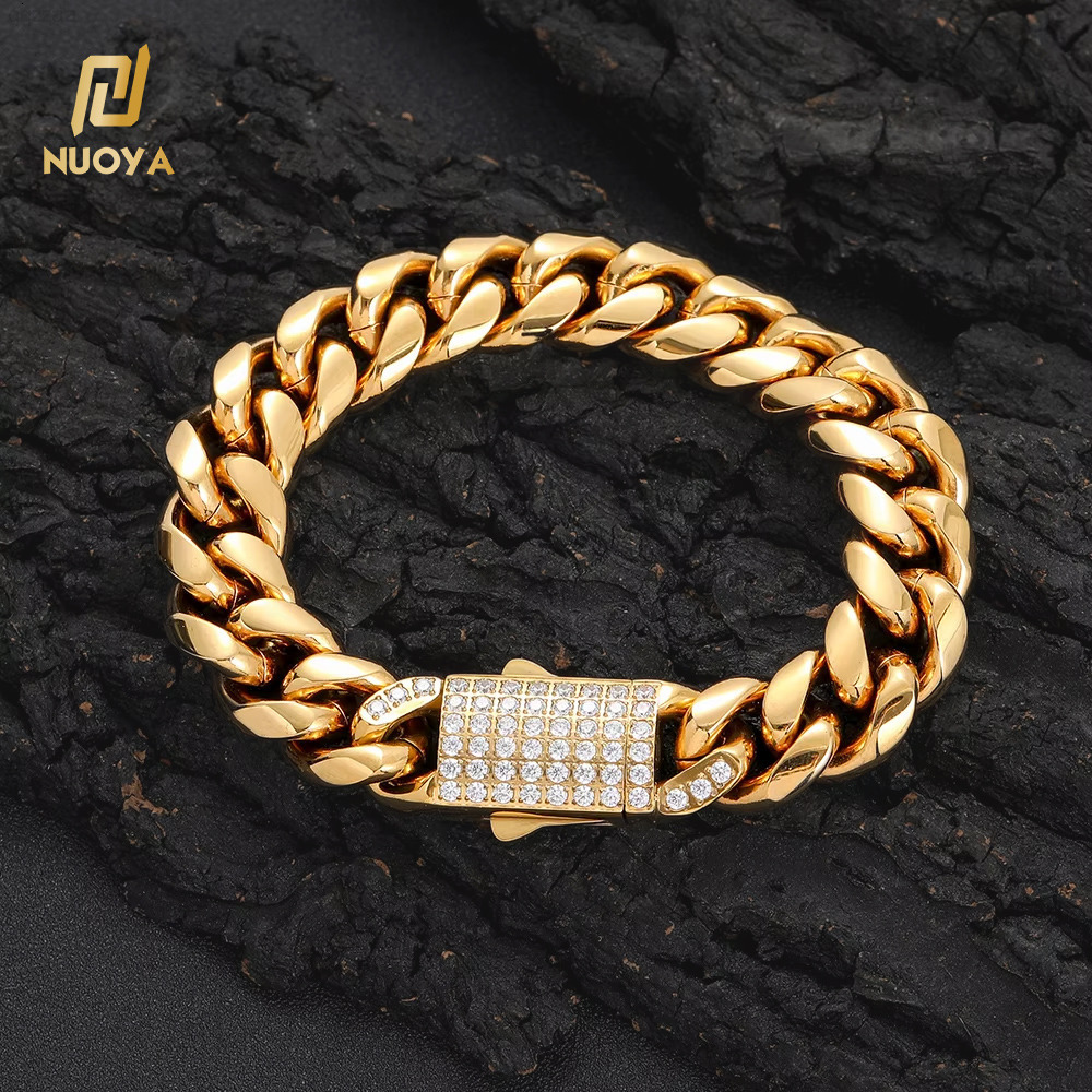 NUOYA 18K Gold Plated Cuban Bracelet Men 10mm 12mm 14mm Stainless Steel Miami Hip Hop Chain Custom Length Wholesale Jewelry
