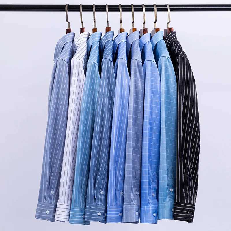 New Stretch AntiWrinkle Stripe Mens Shirts Long Sleeve Dress Shirts For Plaid Men Slim Fit Social Business Blouse Shirt S5XL X250903