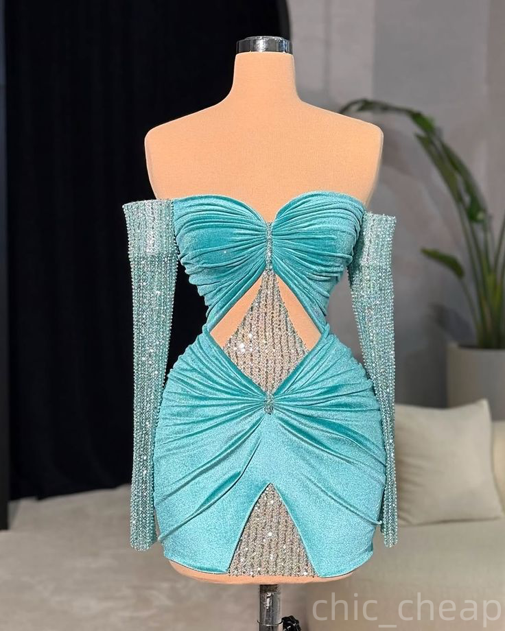 Chic Sky Blue Sheath Cocktail Dress Sweetheart Velvet Sequined Full Sleeves Short Mini Graduation Homecoming Dresses For Special Occasions Sweetheart 