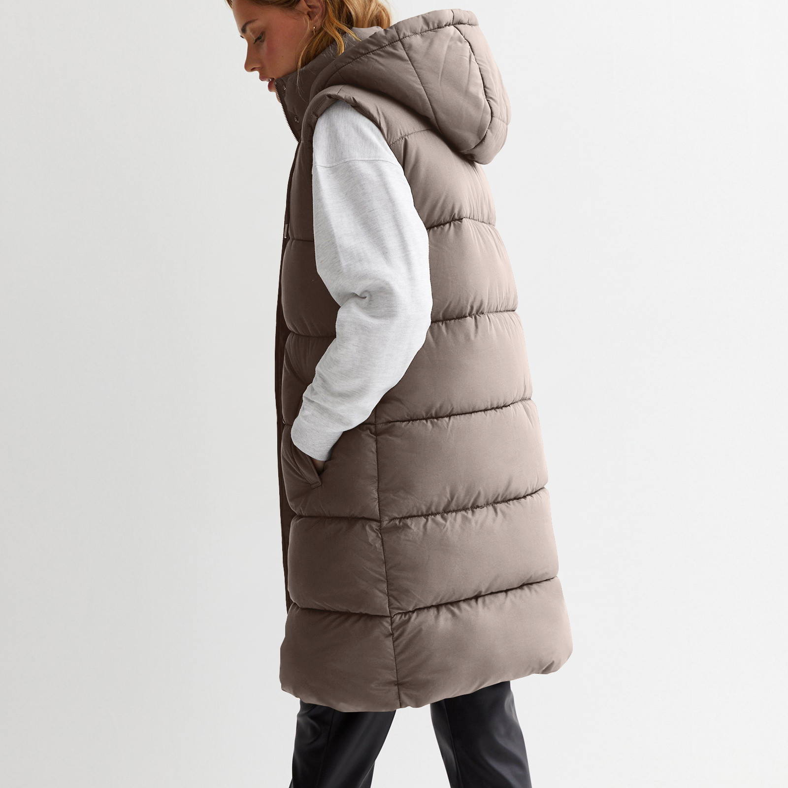 Womens Long Vest Winter Jacket Zip Up Stand Neck Sleeveless Padded Warm Tanks Outwears Ladies Solid Color Hooded Parkas