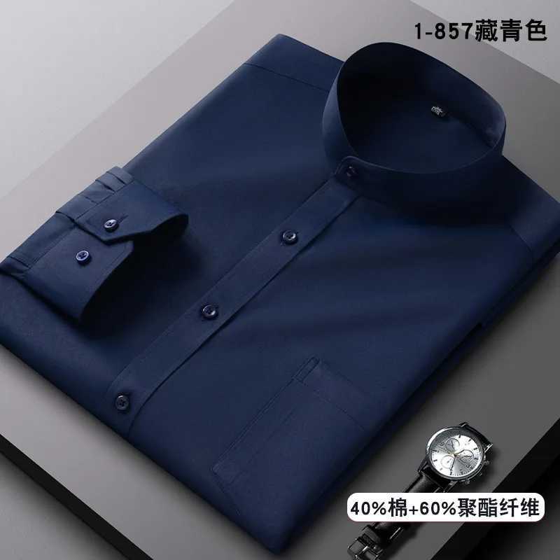 Stand Collar Shirt Mens Long Sleeve Chinese Style Tang Suit Breathable AntiWrinkle Easy Care Business Casual Dress Shirts X250903