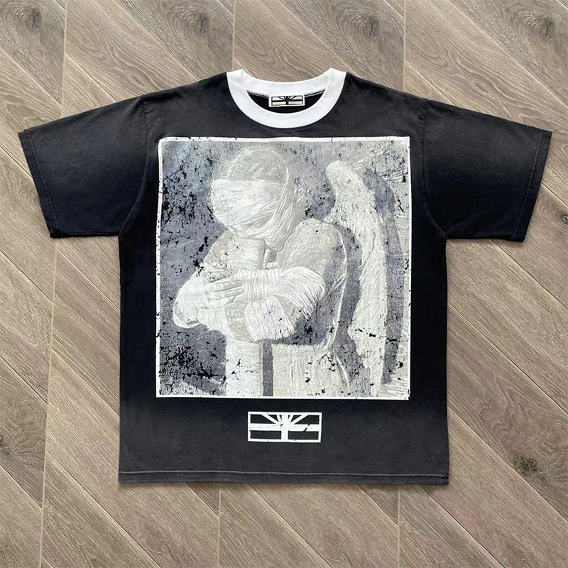 Vertabrae Push tee Bandage Angel Print Cross-Colored Collar Cotton Short Sleeve T-Shirt