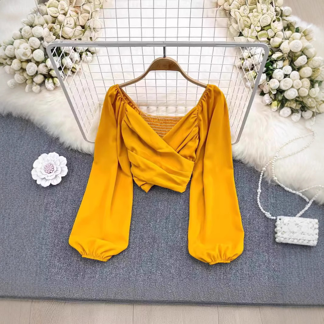 Spring Fashion VNeck Ruched CollarboneExposing Puff Long Sleeve Pullover TShirt for Women Chic and Unique Short Cropped Top 210317