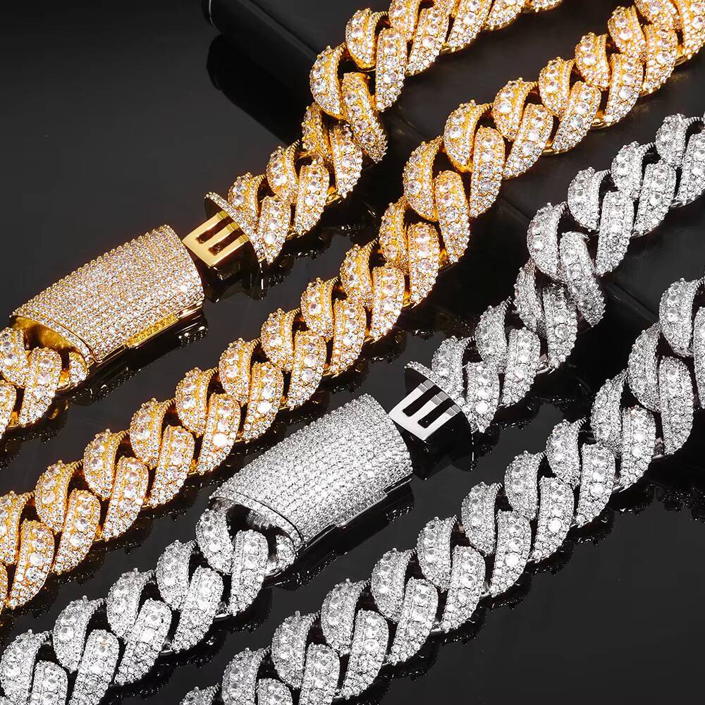 NUOYA Womens 3 Row Cuban Chain 22mm Full Iced Out Moissanite Necklace Rose Gold Plated Hip Hop Fine Jewelry