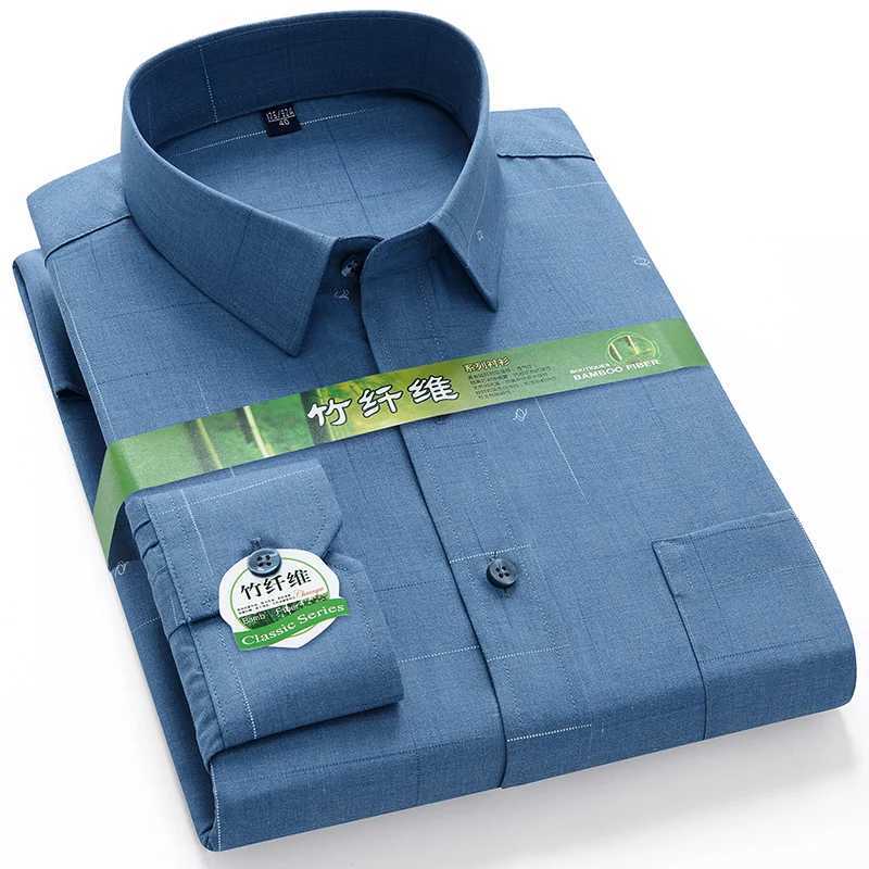 Bamboo Fiber Men Shirt Long Sleeve Elastic Antiwrinkle Regular Fit business Formal Social pink Blue Striped checkered print 4XL X250903