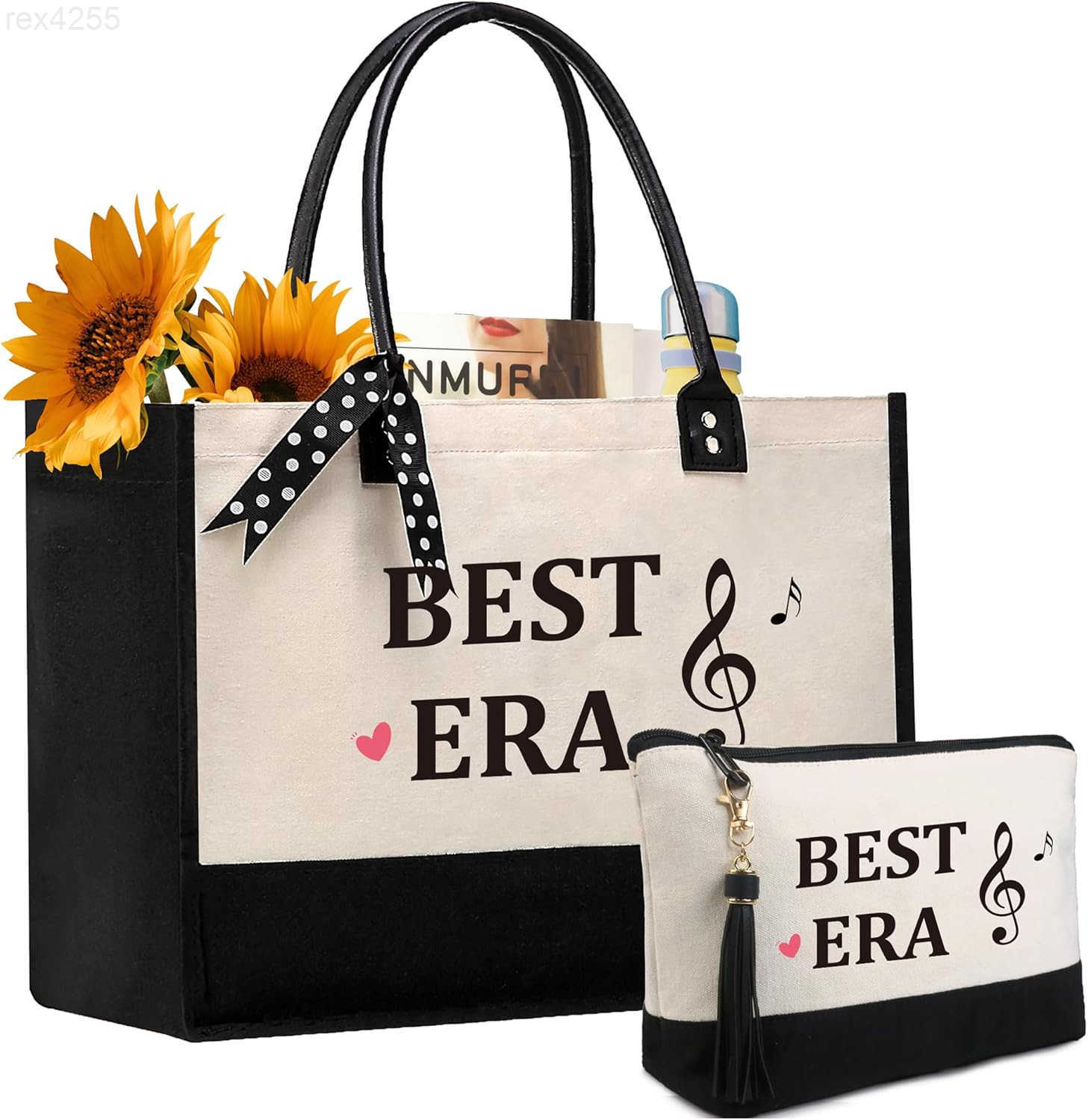 Birthday Gifts Personalized Womens Large White and Black Canvas Tote Bag Embroidered Initials Leather Handle Zipper ClosureW250903