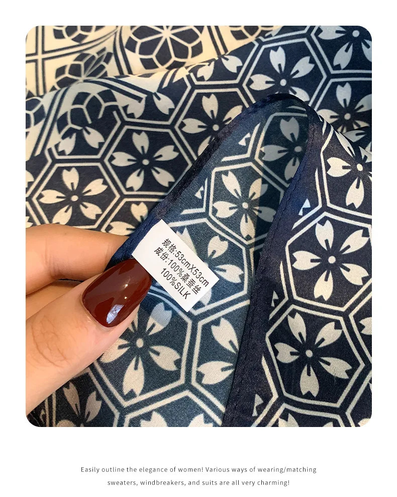 100 Mulberry Silk Blue Sakura Checkered Scarf Square Bandana Neckerchief Womens Headscarf Decorative Bag Scarf 250902