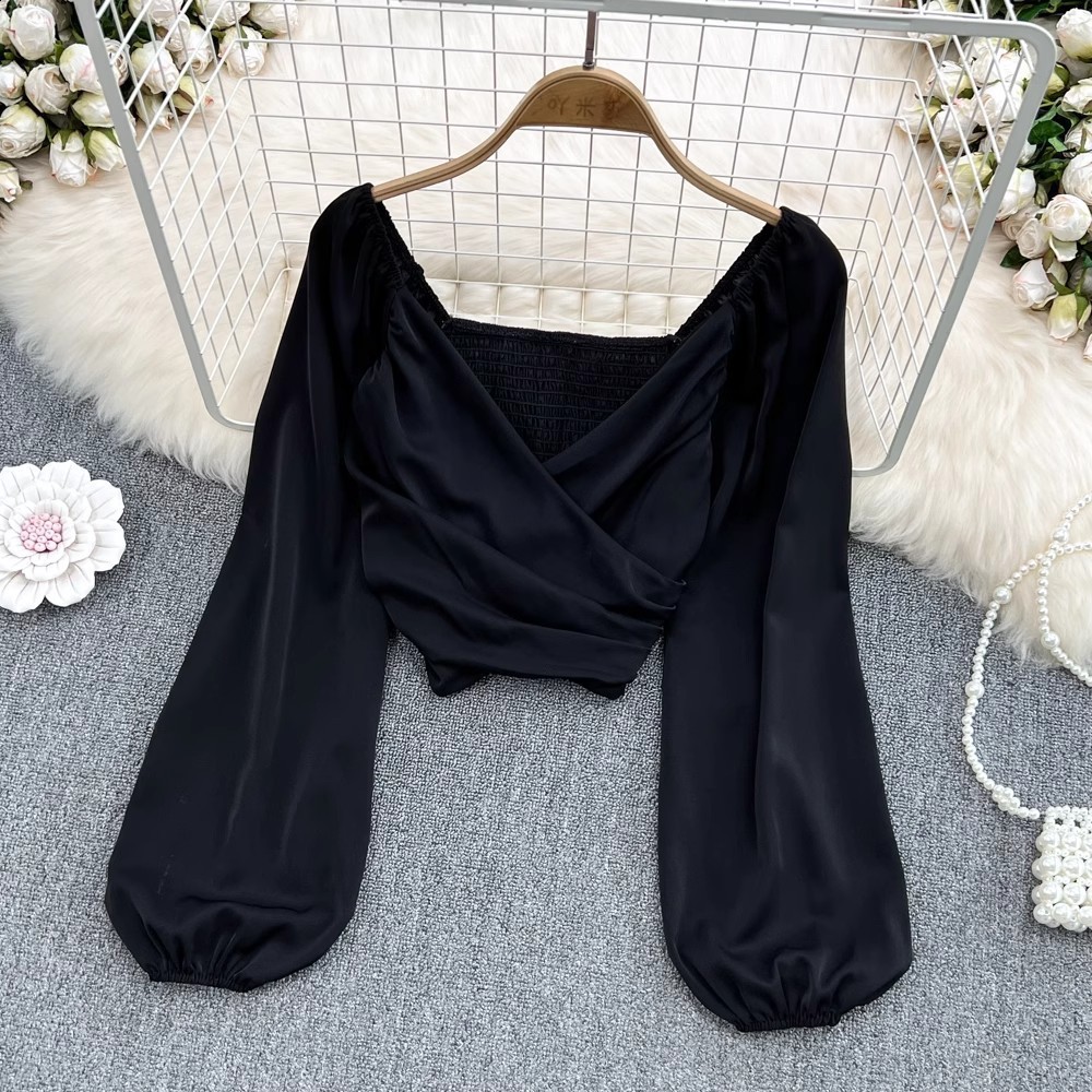 Spring Fashion VNeck Ruched CollarboneExposing Puff Long Sleeve Pullover TShirt for Women Chic and Unique Short Cropped Top 210317