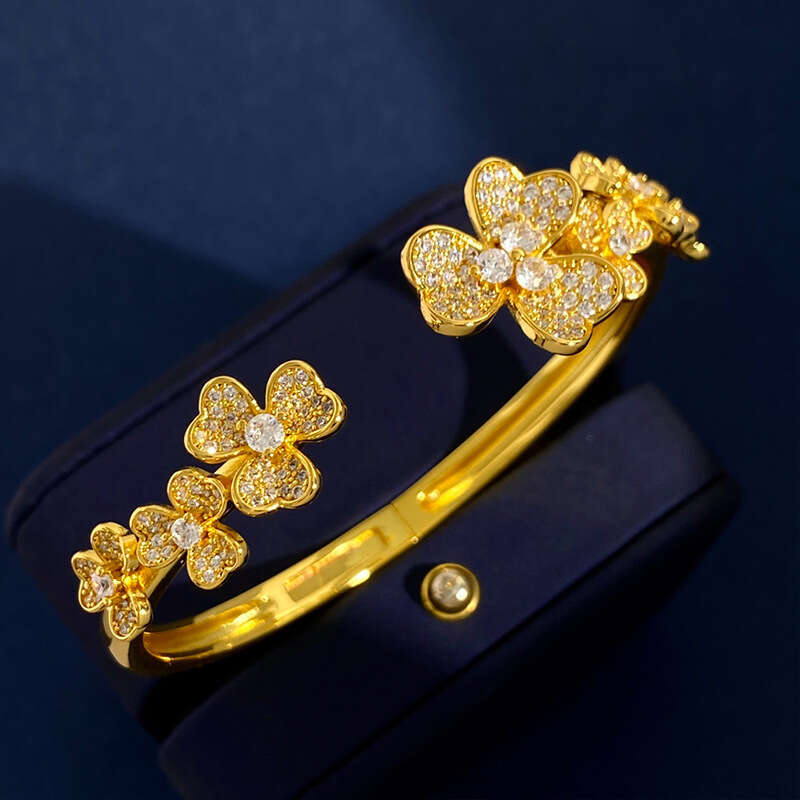 2025 European-American Style Clover Bracelet, Full-Diamond 7-Flower Design, Adjustable Open Bangle, Ins Trendy Jewelry, FK806350348 (Platinum/Gold/Rose Gold)