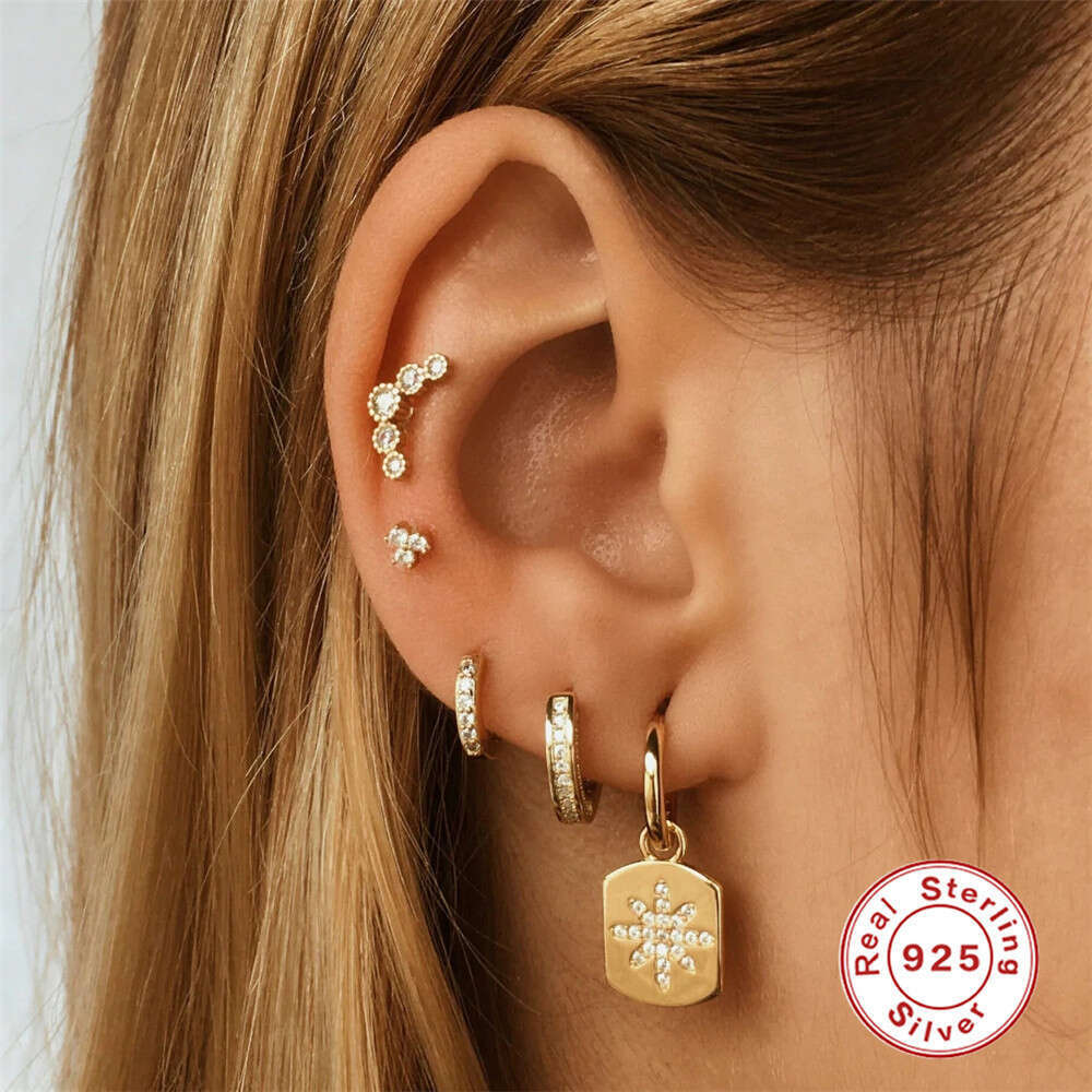 DHpet 2025 New S925 Silver Three-Row Zircon Ear Hoops - Korean Style, Real Gold Plating, Minimalist Cool Vibe, Romad Brand, 2g Lightweight for Women