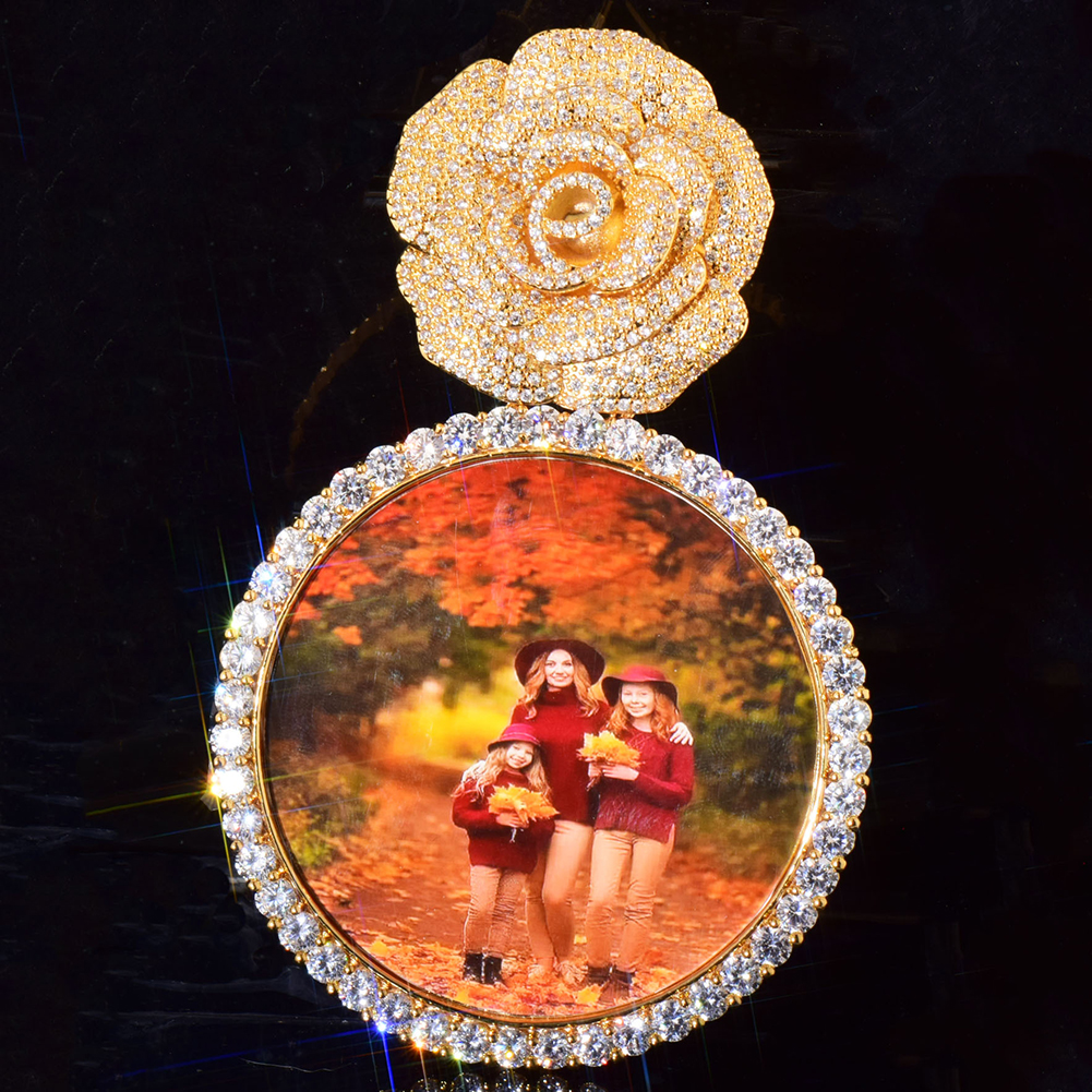 Custom Photo Pendant Necklace Rose Flower Round Memorial Frame Medal Jewelry