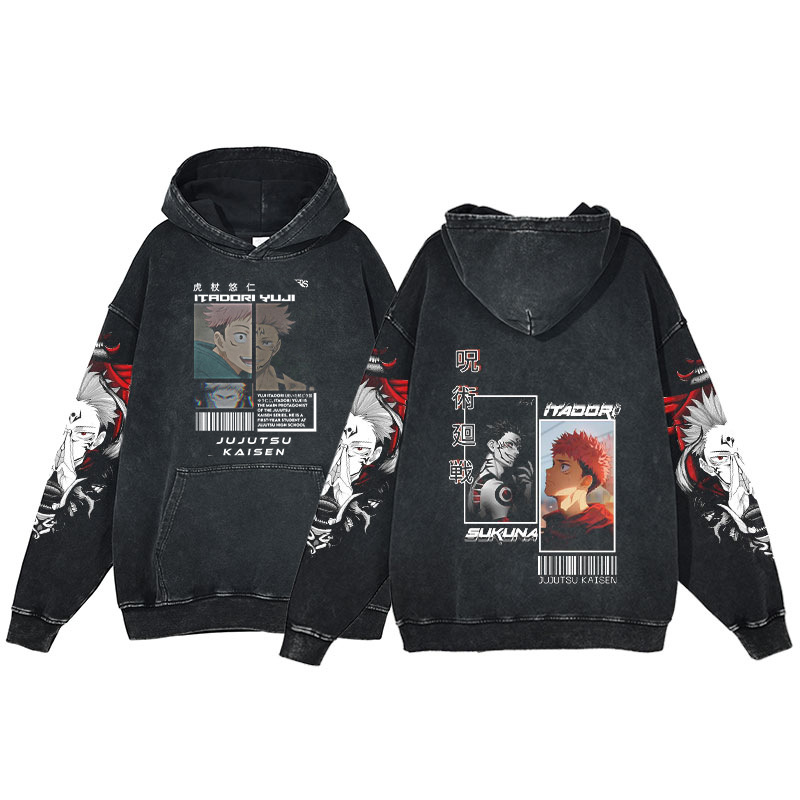 Anime Jujutsu Kaisen Hoodie Gojo Satoru Series Print Harajuku Washed Hooded Sweatshirt Men's - VT2741