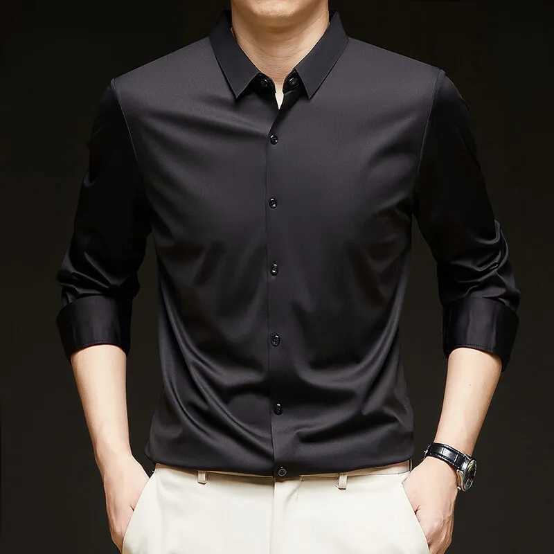 Mens 4Way Stretch Dress Shirt Solid Long Sleeve Formal Shirts Wedding Business Casual Button Down Shirts X250903