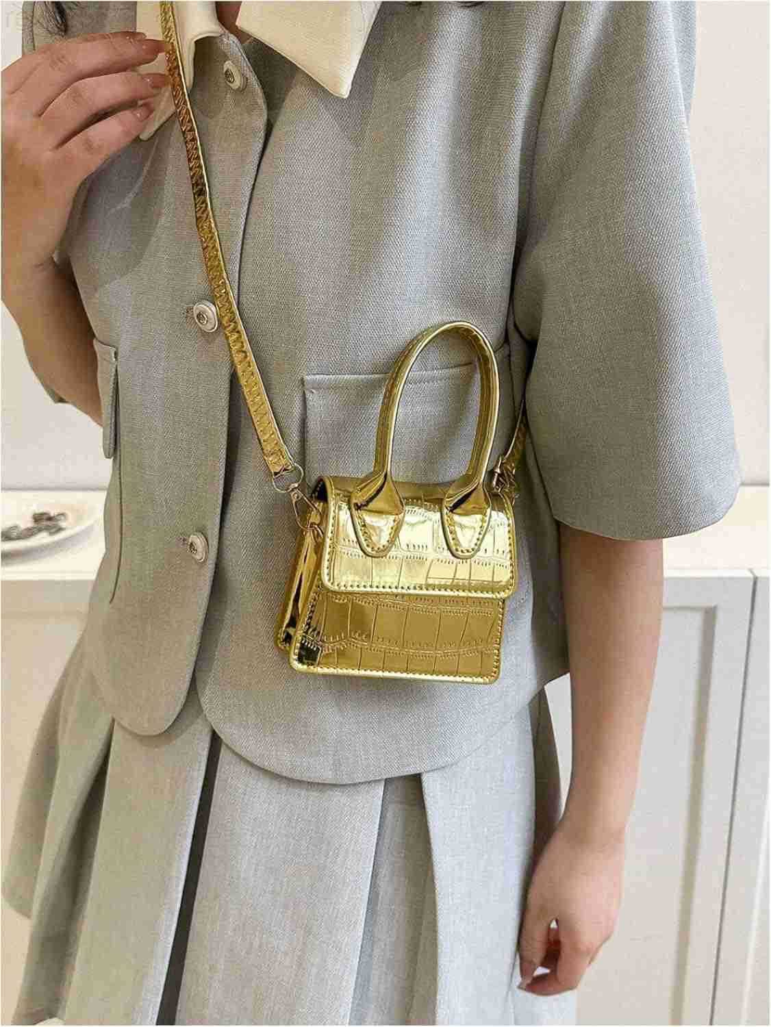 Womens Crocodile Embossed Mini Square Bag Metallic Top Handle Crossbody Handbag Flap Clutch BagsW250903