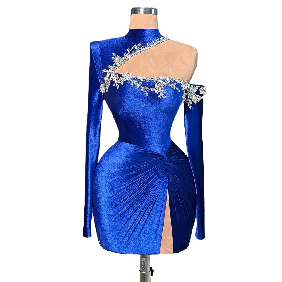 Chic Royal Blue Sheath Cocktail Dress Velvet Full Sleeves Crystals Short Mini Graduation Homecoming Dresses For Special Occasions Sweetheart Gowns