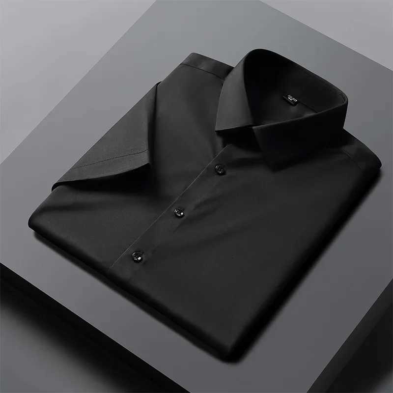 summer elastic thin short sleeve shirts for men slim fit formal plain shirt soft office black white clothes wrinkle free tops X250903