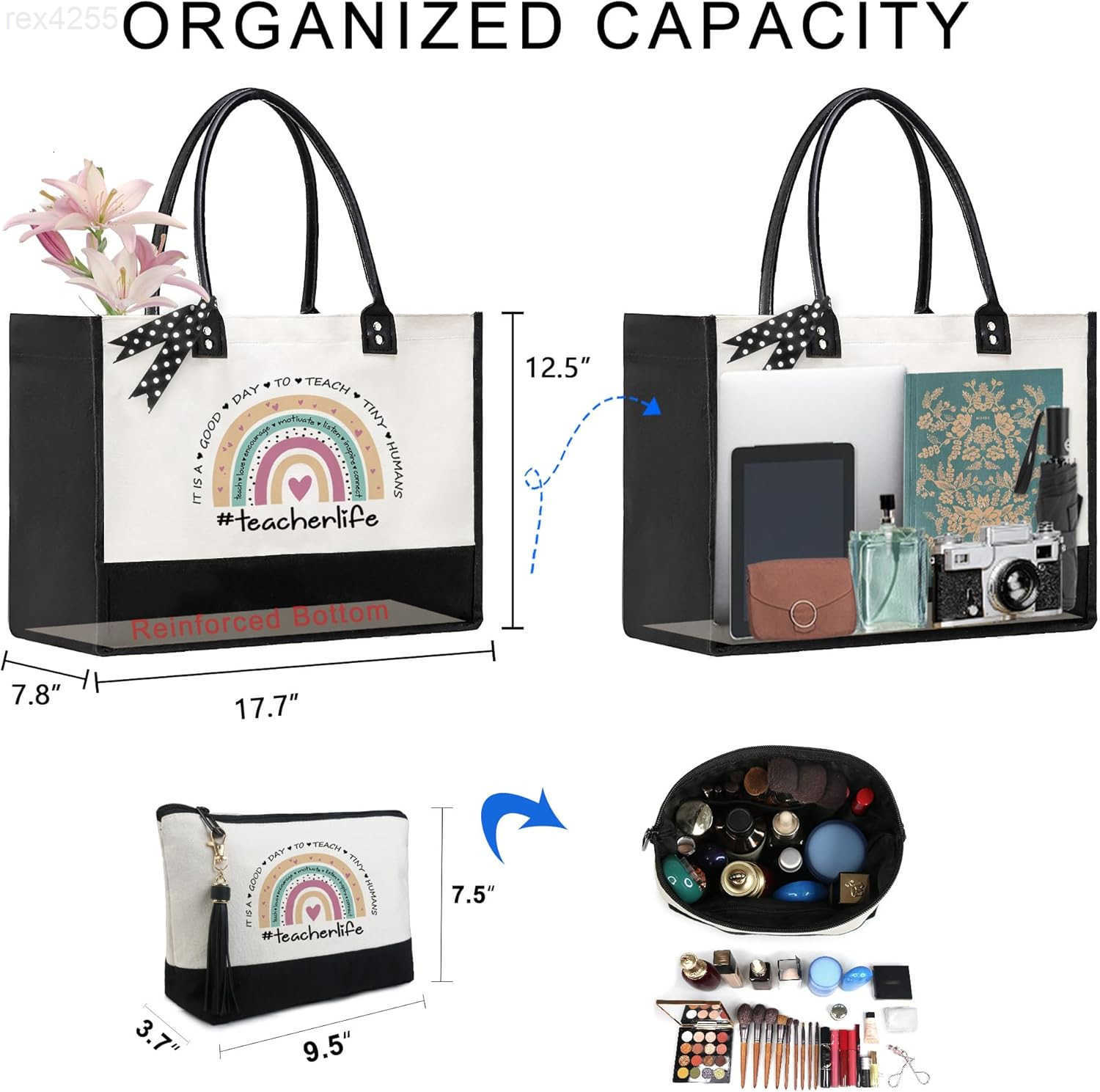 Birthday Gifts Personalized Womens Large White and Black Canvas Tote Bag Embroidered Initials Leather Handle Zipper ClosureW250903