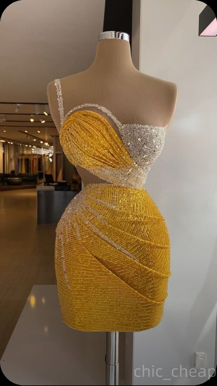 Chic Yellow Sheath Cocktail Dress One Shoulder Beaded Sequined Short Mini Graduation Homecoming Dresses For Special Occasions Sweetheart Gowns