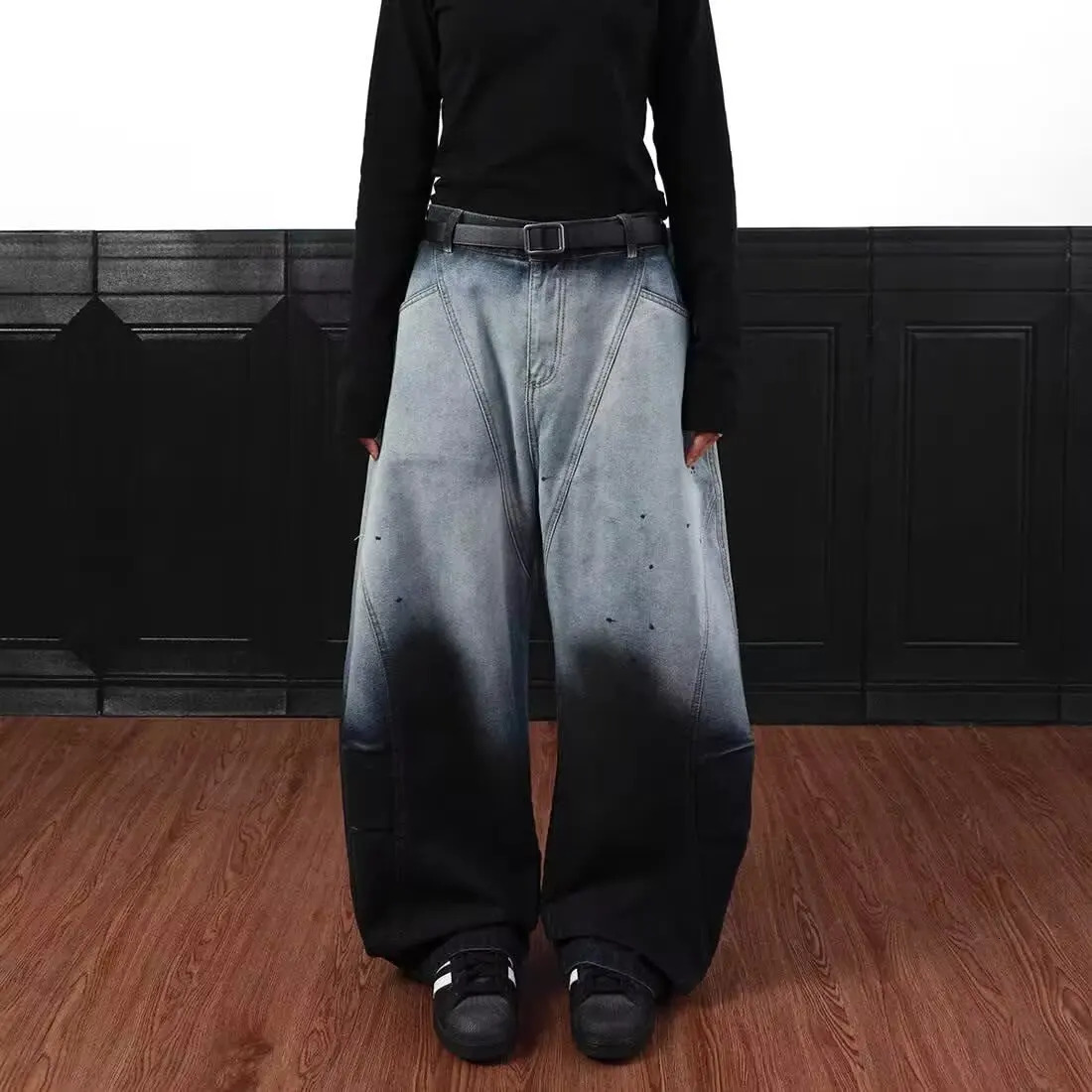 American retro gradient high street splashed ink personality loose curved knife hiphop jeans men and women trendy casual pants 250823Z