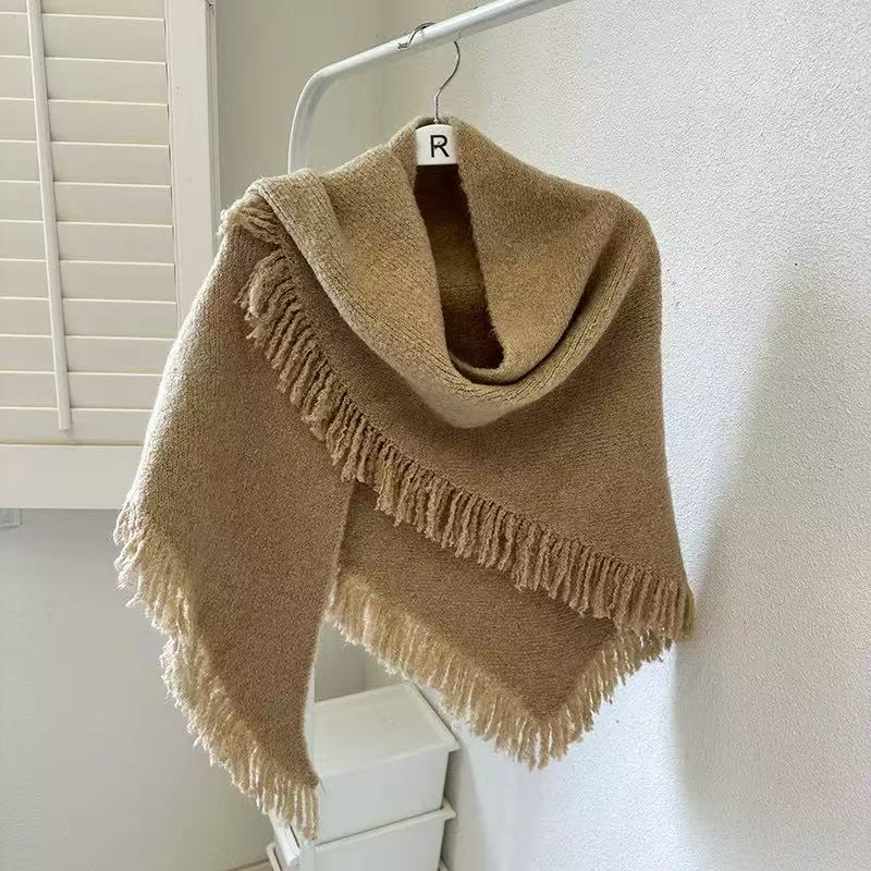 S01 new autumn and winter high-end Korean versatile tassel thick warm outer wear triangle scarf knitted wool scarf shawl