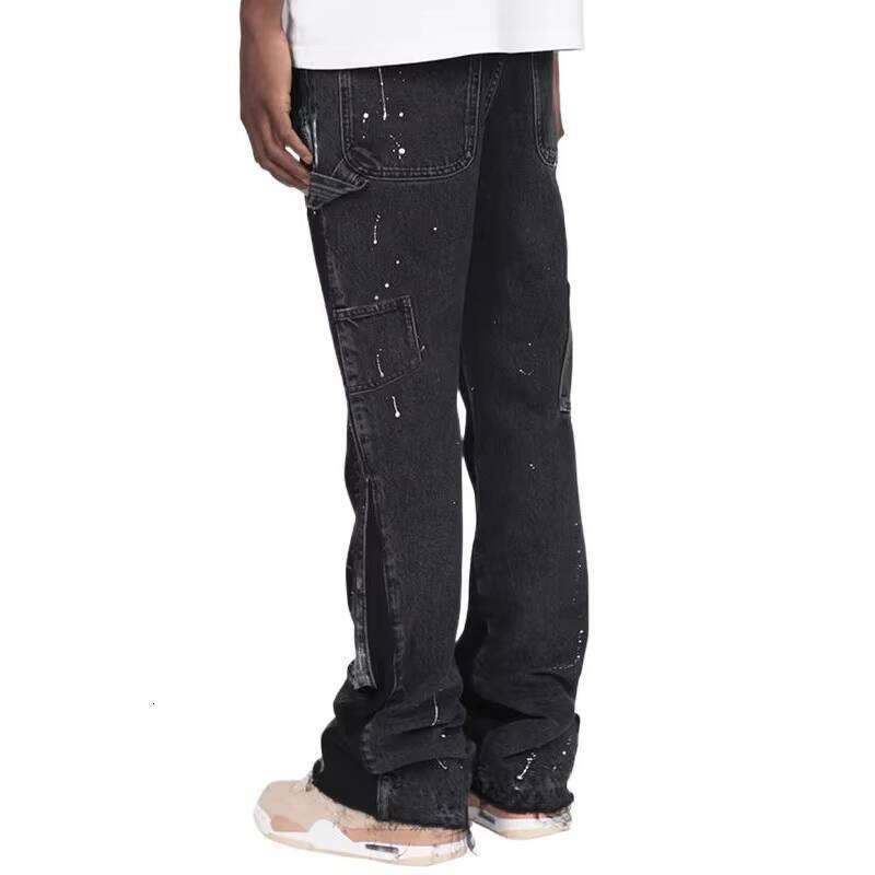 High-Quality Men's Streetwear High Street Autumn Sand Wash Straight Jeans Patch Pocket Splash Print Breathable Design