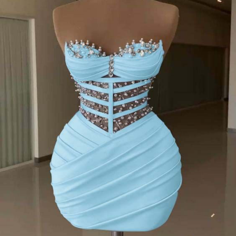 Chic Light Sky Blue Sheath Cocktail Dress Sweetheart Crystals Pearls Short Mini Graduation Homecoming Dresses For Special Occasions Sweetheart Gowns