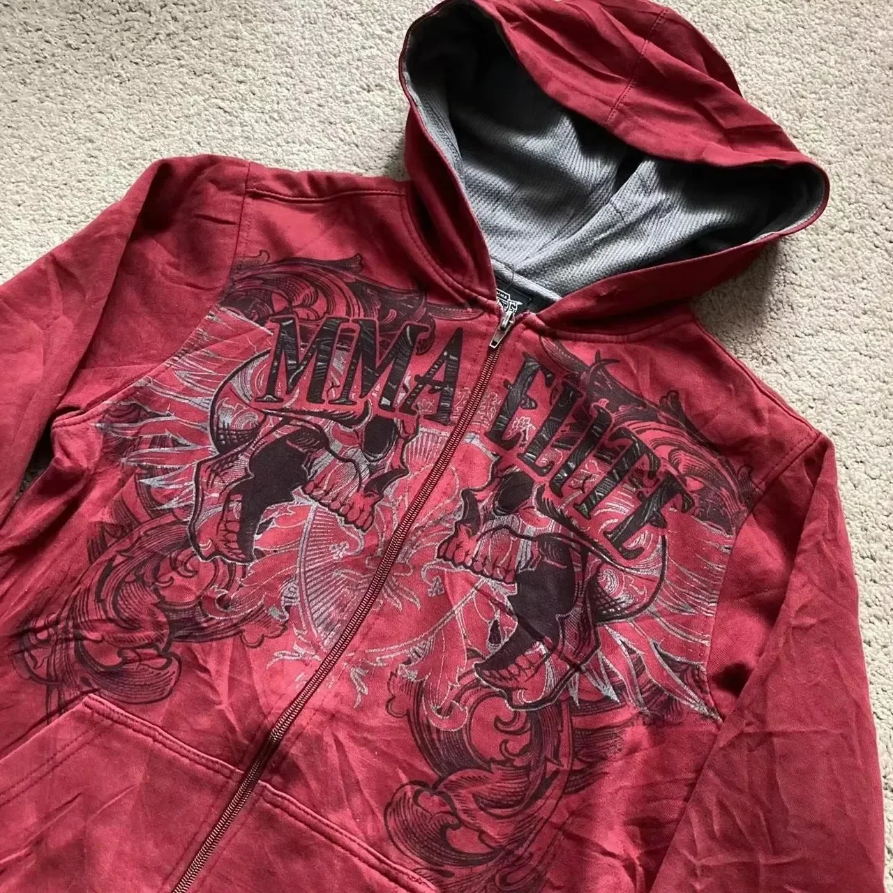 2000s Cotton Red Couple Zipper Hoodies Vintage Elite Full Zip Hoodie Sweatshirt Size Skull Snake Red Y2K Sweatshirts 250903