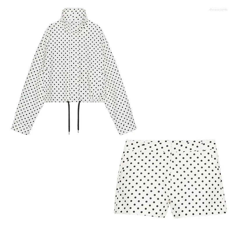 Women's Tracksuits Polka Dot Print Shorts Coats Suits Women Loose High Neck Long Sleeves Zipper Drawstring Sets Female 2025 Autumn Chic Set C2603