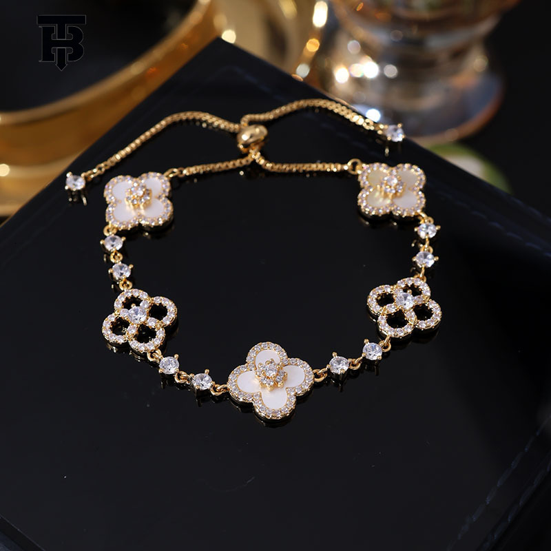 TB BHULAMTE Designer Women's Bracelet, Light Luxury Genuine Gold Plating, Four-petal Flower Zircon Lucky Pollen Red Elegant Adjustable Bracelet