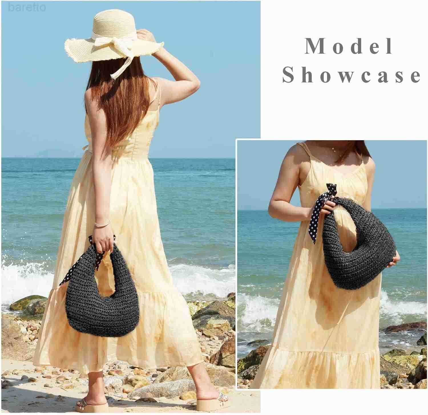Women Hand Carry Only Straw Bag Crescent Summer Beach Purse Soft Faux Straw Tote 2025 M250903