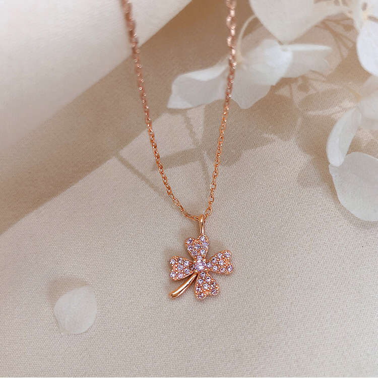 DHpet 2025 Clover Element Necklace for Women, Korean Style Dainty Collarbone Chain, Sparkling Diamond Pendant, 21-50cm Cross Chain, Zhenlu XL062 (Rose