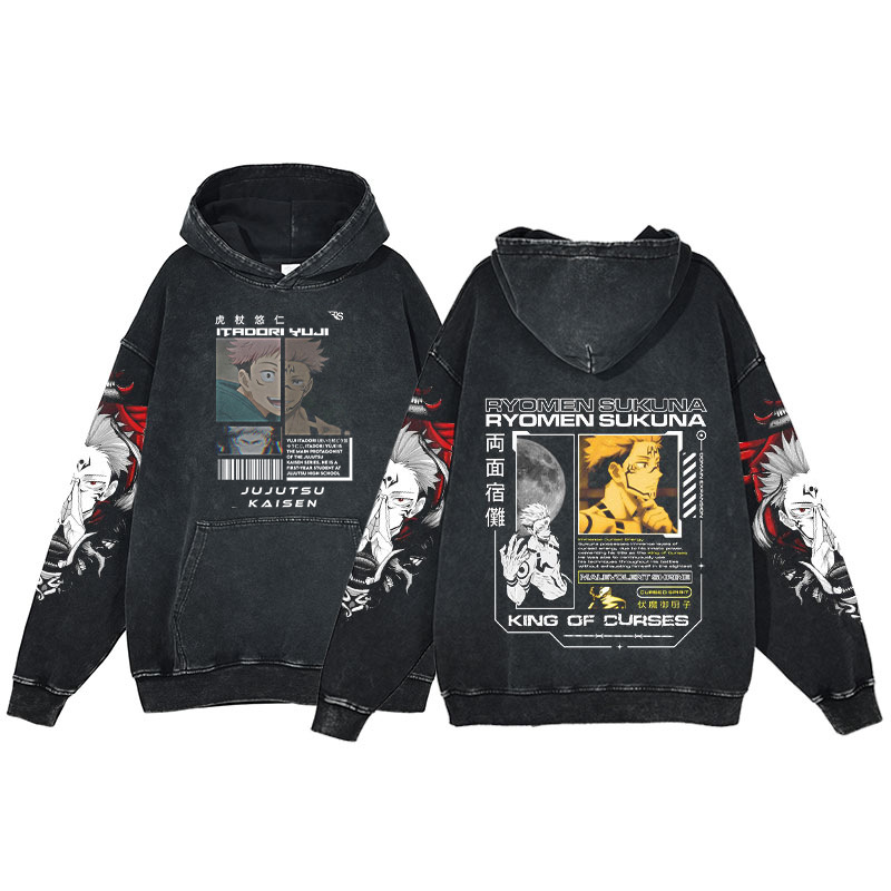 Anime Jujutsu Kaisen Hoodie Gojo Satoru Series Print Harajuku Washed Hooded Sweatshirt Men's - VT2741