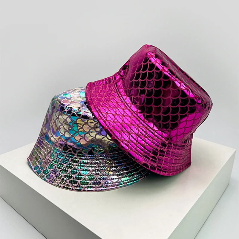 Shiny PU Leather Colorful Bucket Hats Sunshade Unisex Reflective Breathable Fisherman Caps Versatile Double Sided Fashion 250903