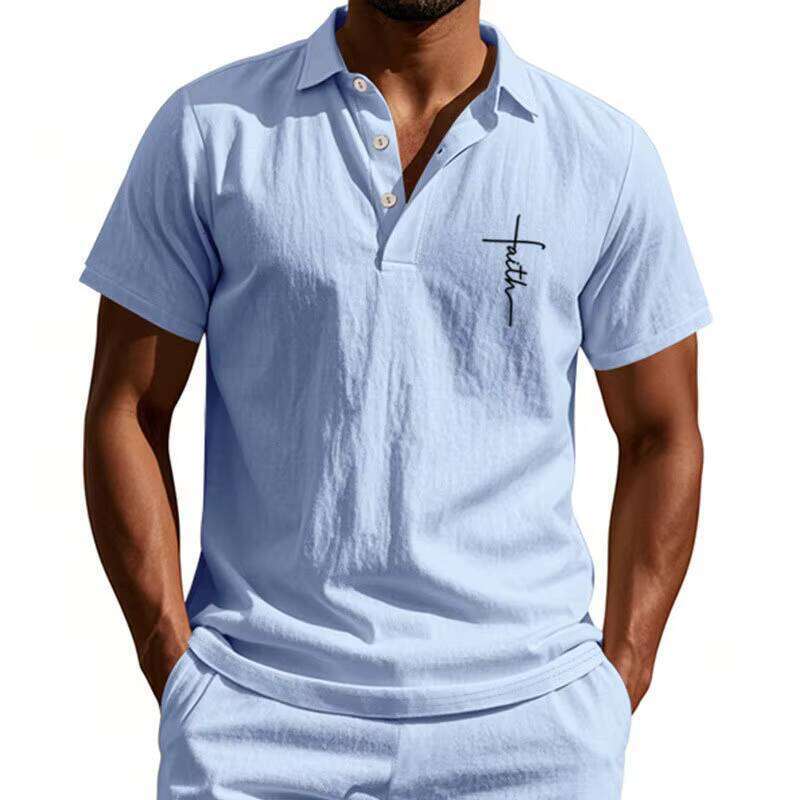 Men's Summer Comfortable Casual Short Sleeve Polo Shirt Breathable Knitted Fabric Turn-down Collar Button Printed Design