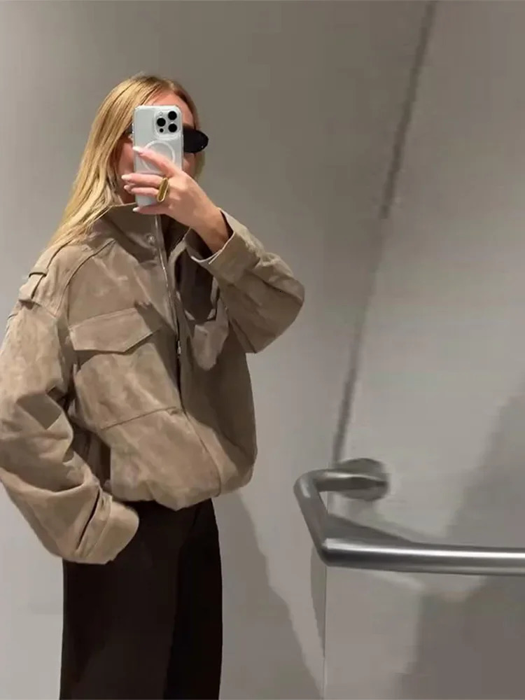 Casual Solid Suede Jackets Women Street Stand Collar Full Sleeve Zippers Loose Coats Female 2025 Autumn Fashion Lady Jacket 250903