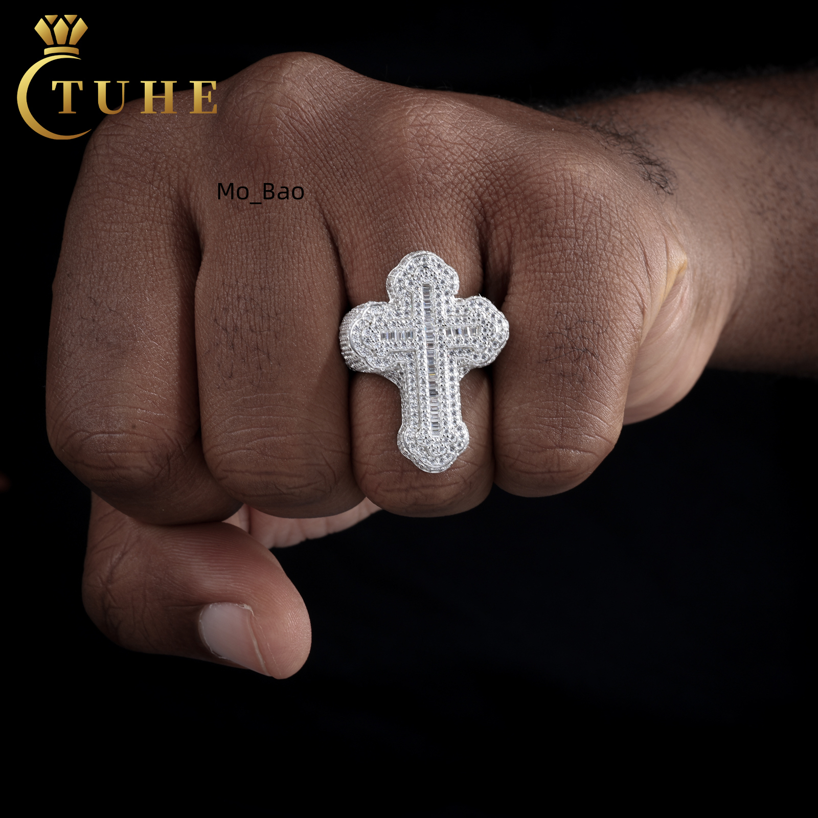 Religious Hip Hop Luxury 925 Sterling Silver Micro Paved VVS Baguette Moissanite Diamond Iris Cross Ring for Men