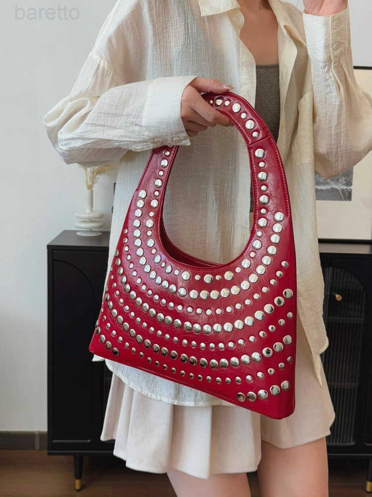 Y2k Crescent Hobo Bag Women 90s Trendy Studded Shoulder Satchels Crossbody Purse PU Leather Punk Underarm Tote Handbag M250903