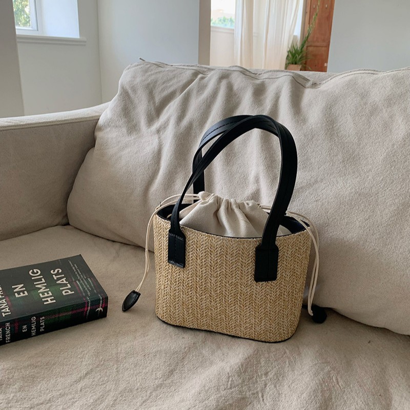 Casual Straw Beach Bag - Handwoven Wicker Bucket with Adjustable Strap for Summer