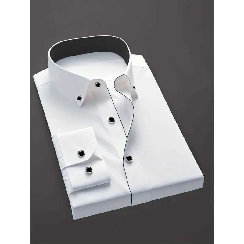 Brand New Men White Shirts Solid Color Long Sleeve Casual Business Elastic Male Dress Shirt X250903