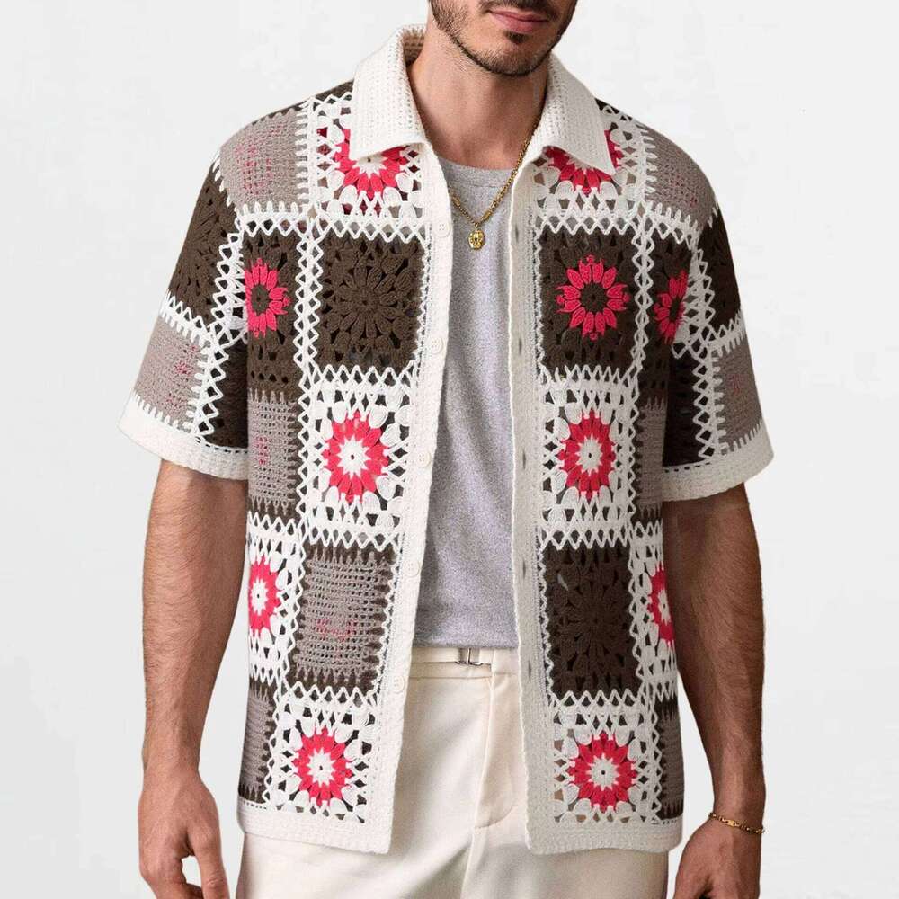 Men's High-Quality Crochet Hollow Knit Shirt Heavy Jacquard Short Sleeve Polo Breathable Function