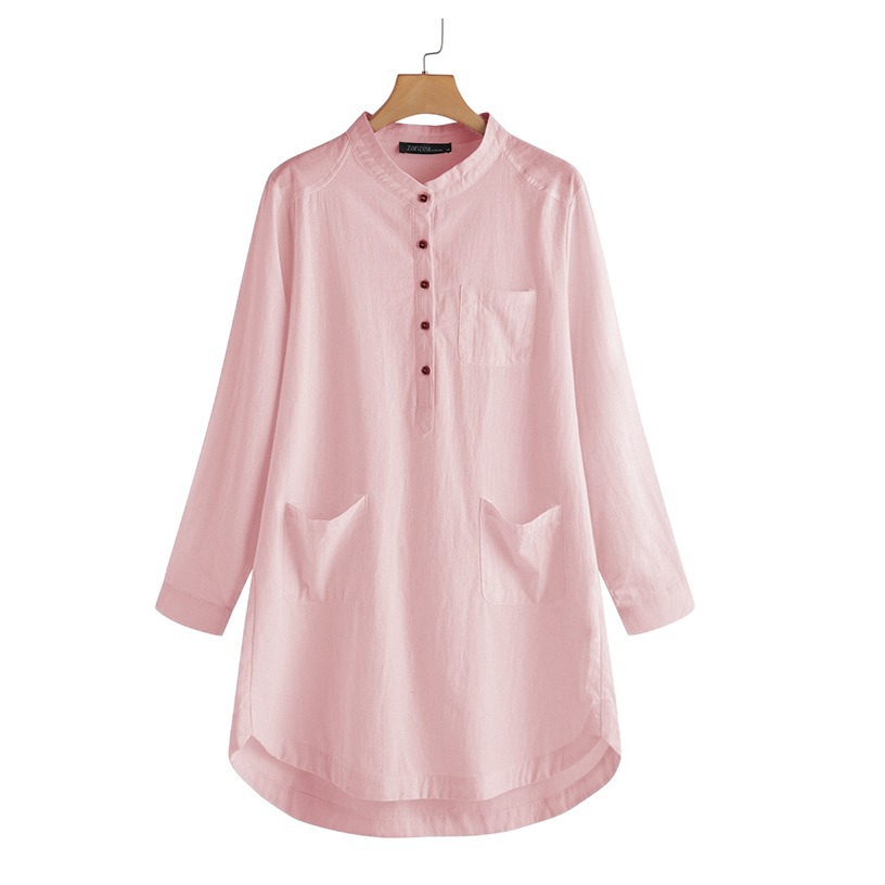P830Large size loose slim round neck long sleeve solid color cotton and linen dress