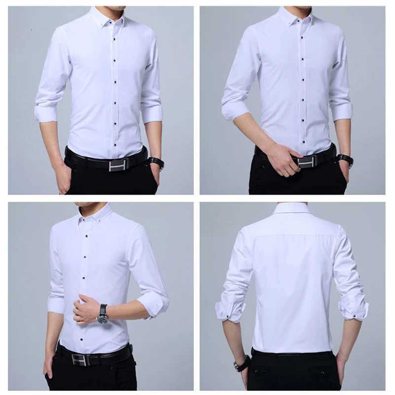Mens Buttondown Shirt Long Sleeve Casual Formal Business Dress Shirts Pocketless Solid Color Blue White Tops Korean Slim Fit X250903