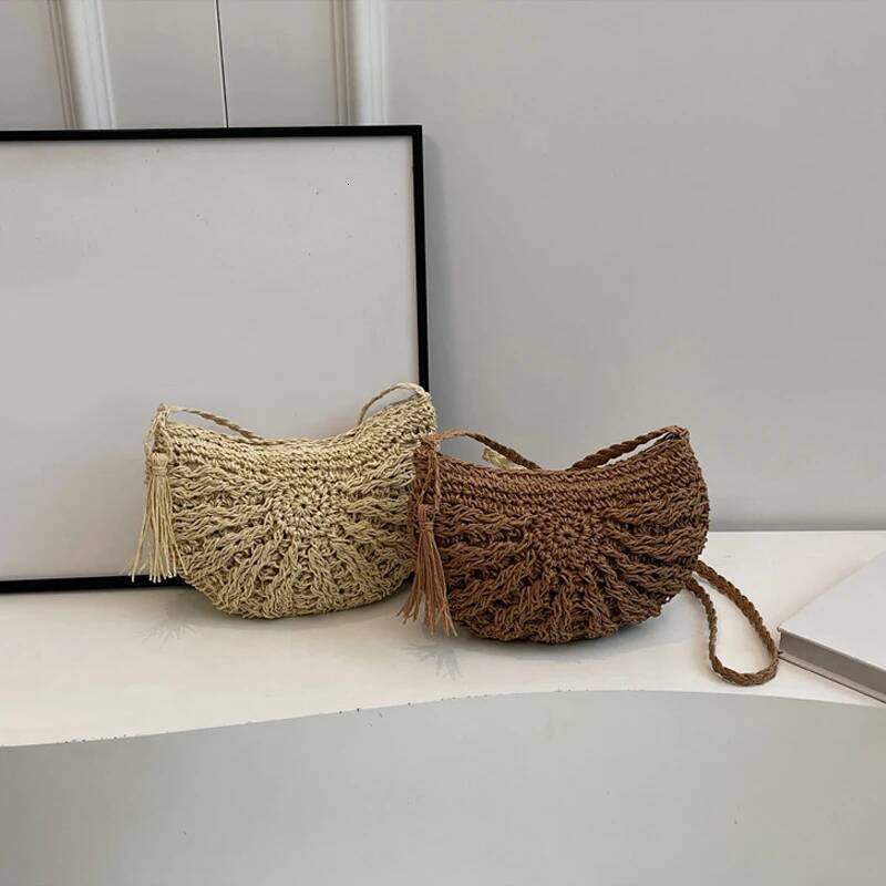 Luxury Handbag Half Round Straw For Women Summer Beach Rattan Shoulder Bag Zipper Woven Crossbody Handbags Bohemia Vacation Handbag