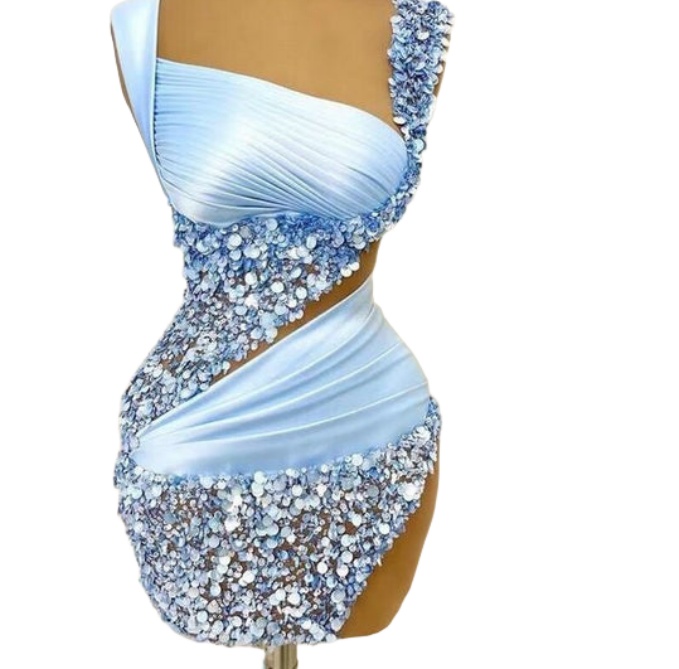 Chic Sky Blue Sheath Cocktail Dress Spaghetti Sequined Satin Illusion Short Mini Graduation Homecoming Dresses For Special Occasions Sweetheart Gowns